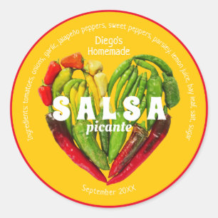 Hot red green chilli pepper heart yellow food labe classic round sticker
