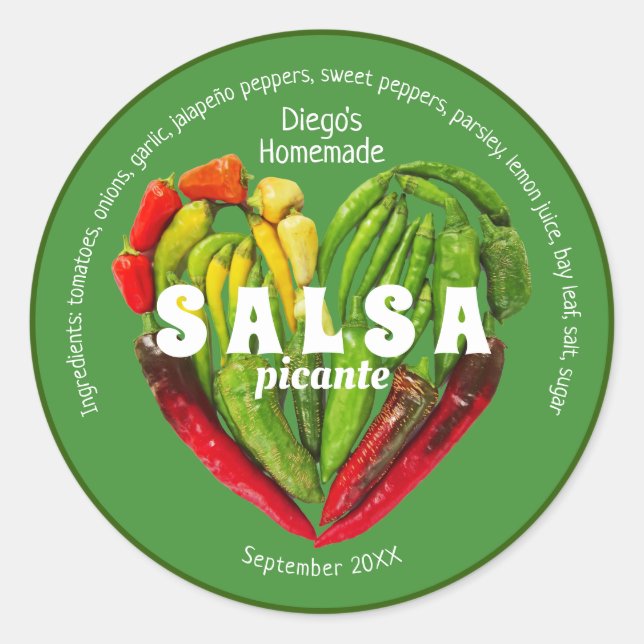 Hot red green chilli peppers heart food label (Front)