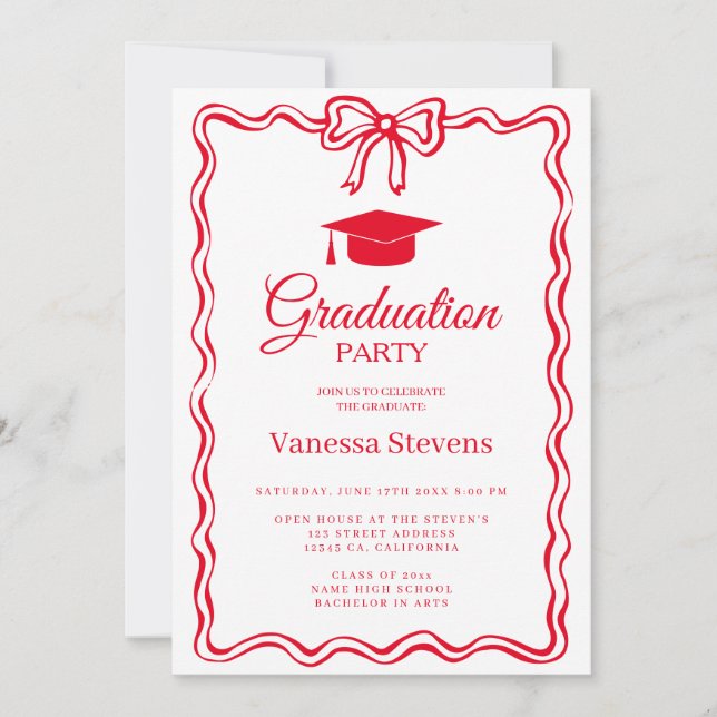 Hot Red Hand-drawn Curve wavy Graduation Invitation (Front)