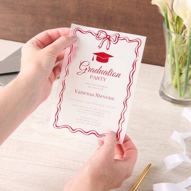 Hot Red Hand-drawn Curve wavy Graduation Vellum Invitations (Handheld)