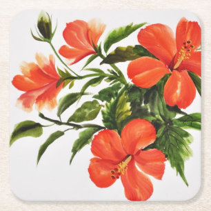 Hot Red Hibiscus Square Paper Coaster