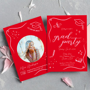 Hot Red Pink Hand-drawn Scrible Graduation Invitation