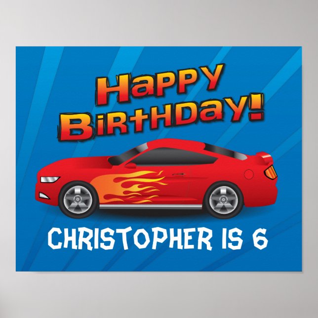 Hot Red Race Car with Flames Boy's Birthday Party Poster (Front)