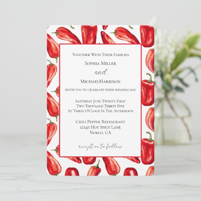 Hot Red & Saucy Chilli Peppers Wedding Invitation (Standing Front)