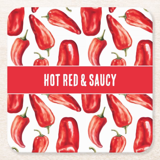 Hot Red & Saucy Chilli Peppers Wedding Square Paper Coaster (Front)