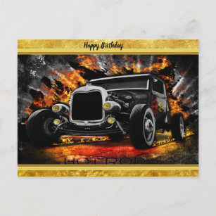 Hot Rod party fire burning old car roadster Invitation Postcard