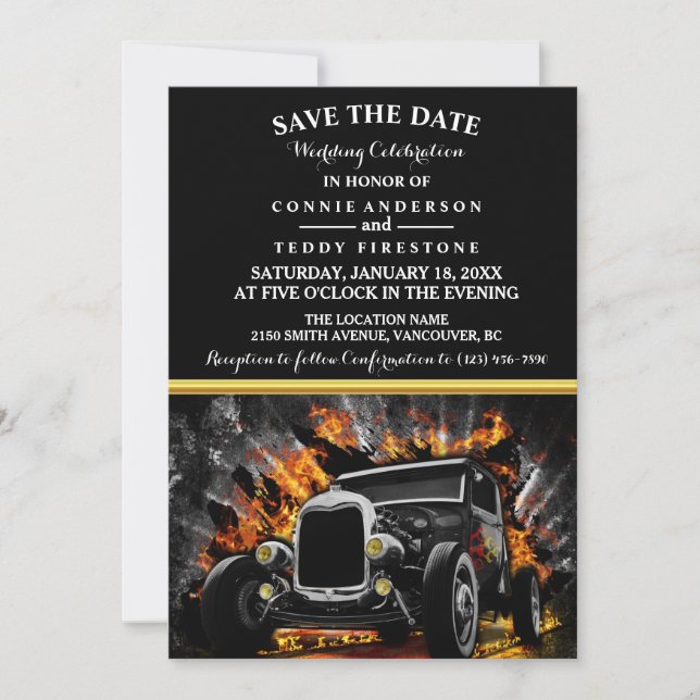 Hot Rod party fire Wedding Save The Date (Front)