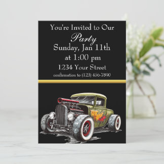 Hot Rod party invite with gold foil stripe