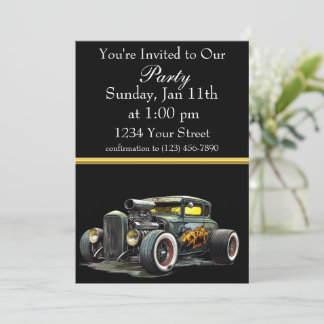 Hot Rod party invite with gold foil stripe