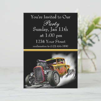 Hot Rod party invite with gold foil stripe