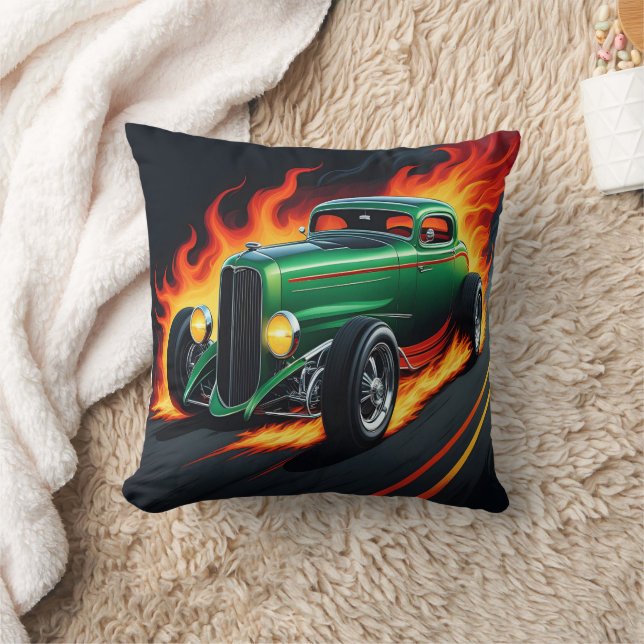 Hot rod racing down a fiery highway at sunset cushion (Blanket)
