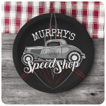 Hot Rod Speed Shop CUSTOM NAME Pinstripes Garage Paper Plate<br><div class="desc">Hot Rod Speed Shop CUSTOM NAME Pinstripes Garage Gifts - Personalise with your Name or Text (featured in 2 location - Headline and Hot Rod Door GARAGE LOGO Design) - The ultimate UNIQUE gift for that Hot Rod,  Custom Classic Car Enthusiast!</div>