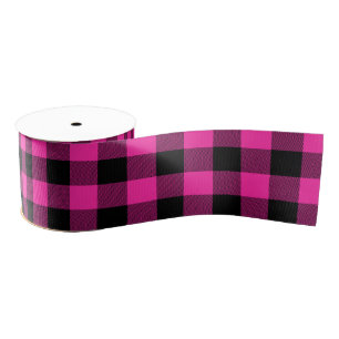 Hot Rose Pink and Black Buffalo Plaid Grosgrain Ribbon