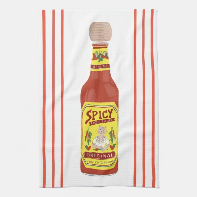 HOT SAUCE Spicy Cat red stripe Tea Towel (Vertical)