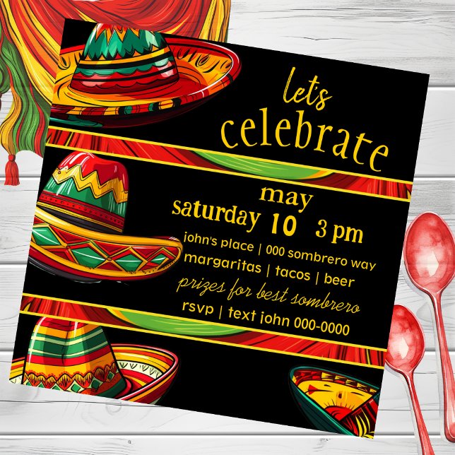 Hot Sombrero | Red Yellow Green | Fiesta Themed Invitation (Bold colors for cinco de mayo birthday party celebrations for him and her customizable invite. )