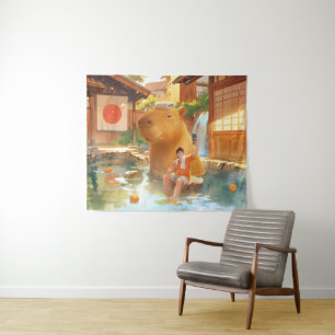 Hot Spring Moment: Giant Capybara Selfie Art Tapestry