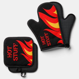 Hot Stuff BBQ fire flames custom Oven Mitt & Pot Holder Set