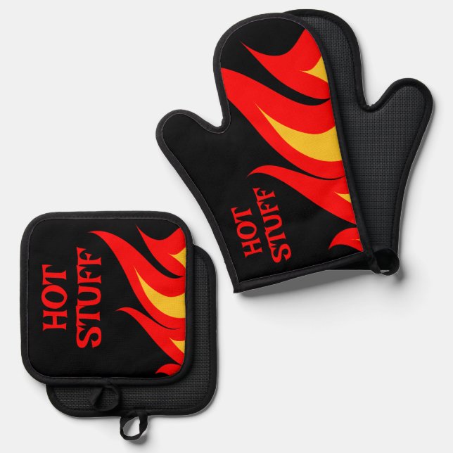 Hot Stuff BBQ fire flames custom Oven Mitt & Pot Holder Set (Front/Back)