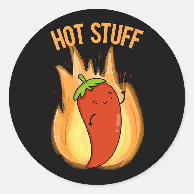 Hot Stuff Funny Red Hot Chilli Pepper Pun Dark BG Classic Round Sticker (Front)