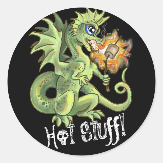 Hot Stuff! lil marshmellow roasting dragon Classic Round Sticker (Front)