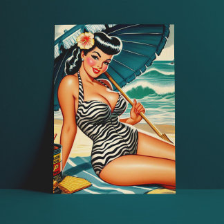 Hot Summer Beach Pin-up Postcard