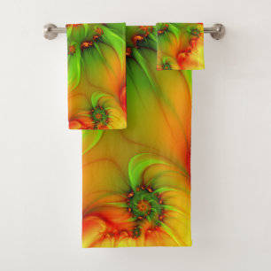 Hot Summer Green Orange Abstract Colourful Fractal Bath Towel Set