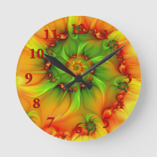 Hot Summer Green Orange Abstract Colourful Fractal Round Clock