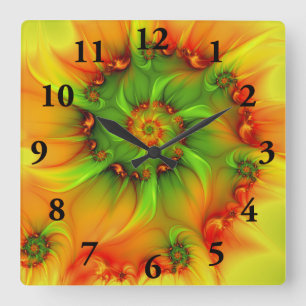 Hot Summer Green Orange Abstract Colourful Fractal Square Wall Clock