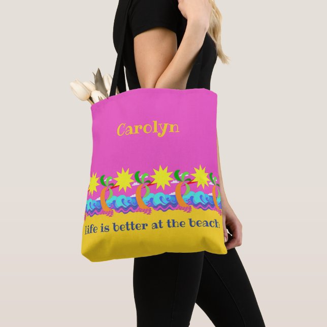 Hot Tropical Beach, pink background, your name Tote Bag (Close Up)