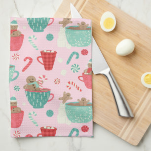 Hot Tub Gingerbread Cute Pink Hot Cocoa Pattern Ac Tea Towel