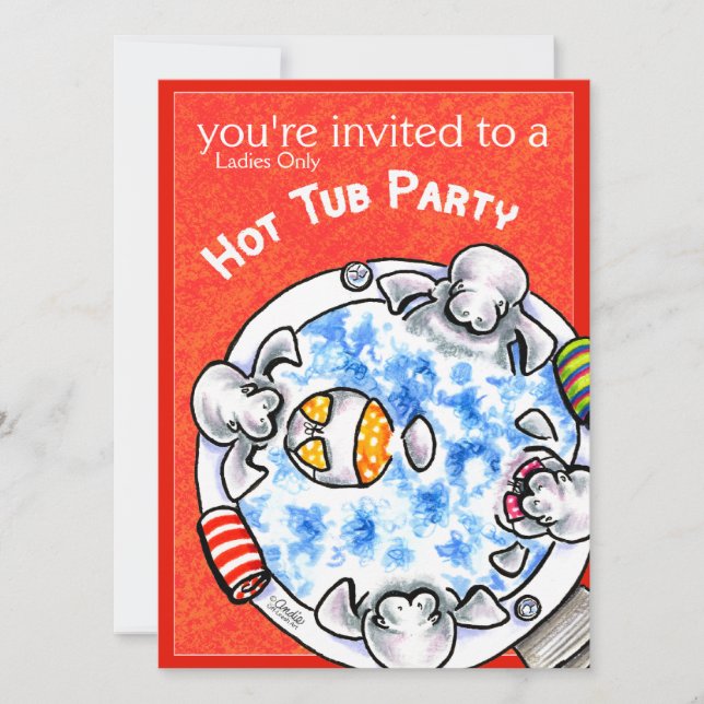 Hot Tub Party Funny Manatees Off-Leash Art™ Red Invitation (Front)