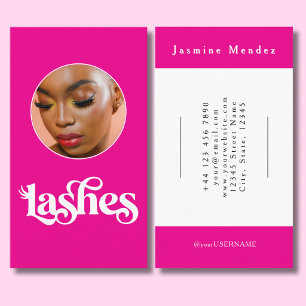Hot Vibrant Pink Black Script Photo Lash Tech Business Card