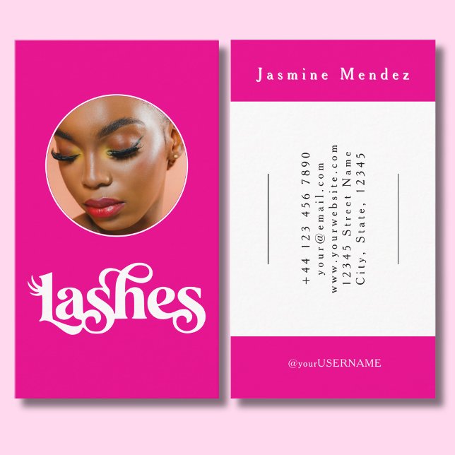 Hot Vibrant Pink Black Script Photo Lash Tech Business Card (Creator Uploaded)