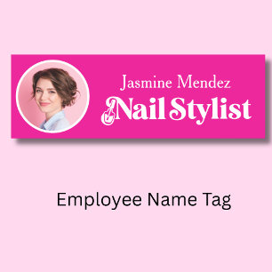 Hot Vibrant Pink Professional Nail Tech Photo Name Tag