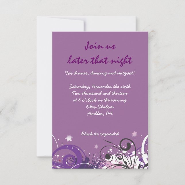 Hot Violet Swirls Stars Bat Mitzvah Party Card (Front)