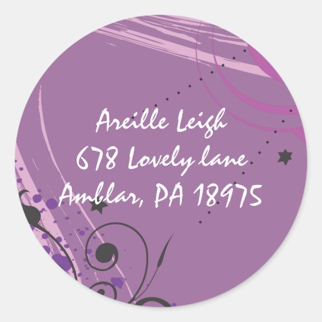 Hot Violet Swirls Sticker Return Address Seal rsvp (Front)