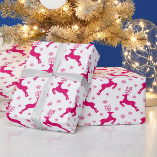 Hot White & Pink Winter Christmas Reindeer Wrapping Paper
