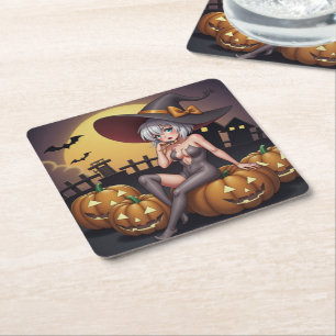 Hot Witch in Halloween Pumpkin Patch Square Paper Coaster