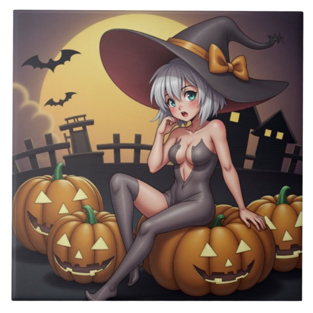 Hot Witch in Halloween Pumpkin Patch Tile (Front)