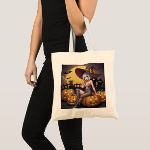 Hot Witch in Halloween Pumpkin Patch Tote Bag
