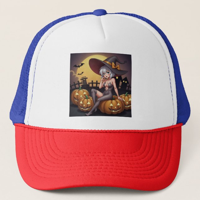 Hot Witch in Halloween Pumpkin Patch Trucker Hat (Front)