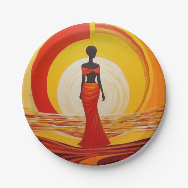 Hot yellow orange red african woman art painting paper plate (Front)