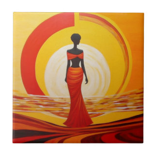 Hot yellow orange red african woman art painting tile