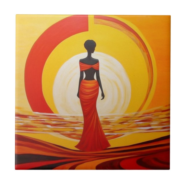 Hot yellow orange red african woman art painting tile (Front)