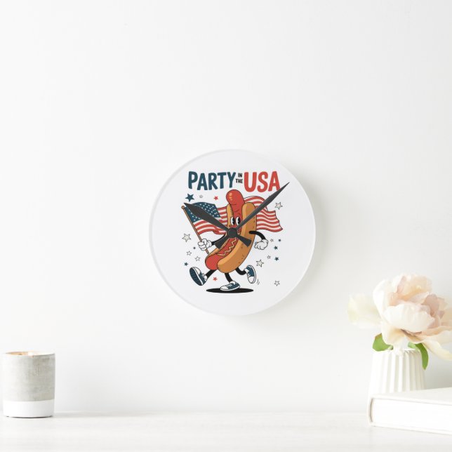 Hotdog 4th of July fireworks Independence Day Round Clock (Home)