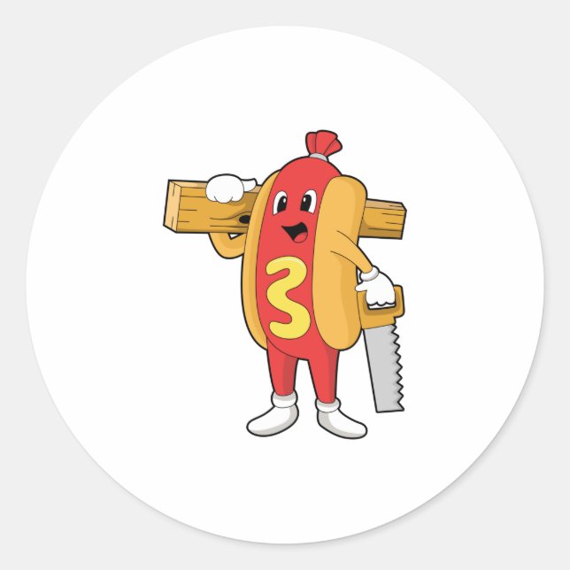 Hotdog as Carpenter with Saw & Wood Classic Round Sticker (Front)