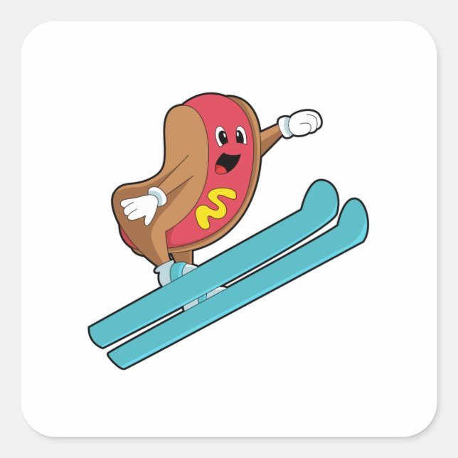 Hotdog as Ski jumper with Ski.PNG Square Sticker (Front)