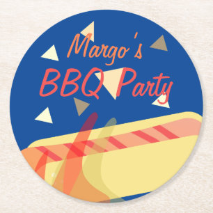 Hotdog Cookout BBQ Birthday Party  Blue  Round Paper Coaster