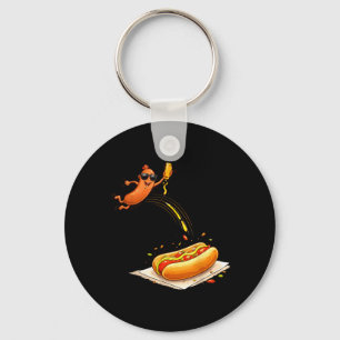 Hotdog Jumping Into A Bun Funny Food Cartoon Boys Key Ring