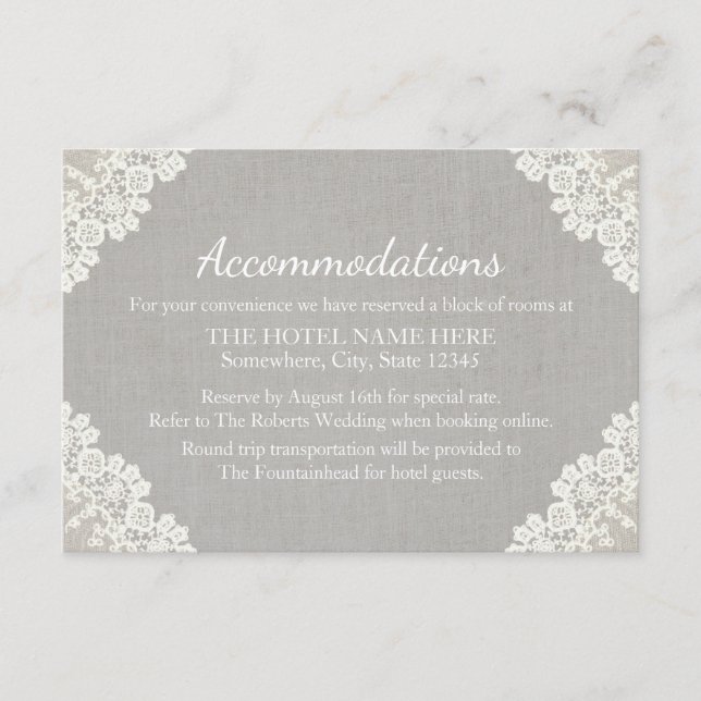Hotel Accommodation | Rustic Lace & Grey Linen Enclosure Card (Front)